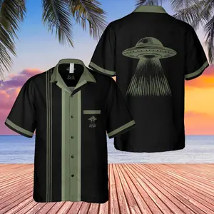 Hawaiian Shirt Alien UFO Rockabilly Print – Aloha Bowling Button Up Summer Vacation Outfit, Retro Space Pattern Beach Shirt for Men Women