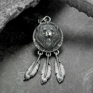 GTHIC Vintage Feather Bear Head Stainless Steel Animal Pendant for Men Women Spirit Animal Accessory