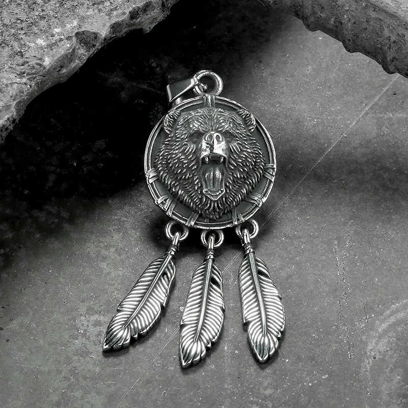 GTHIC Vintage Feather Bear Head Stainless Steel Jewellery Pendant - Durable Fashion Accessory, Exquisite Trendy Pendant, Gift Jewelry, Decorative Charm Gift for Men, Spirit Animal, Figure