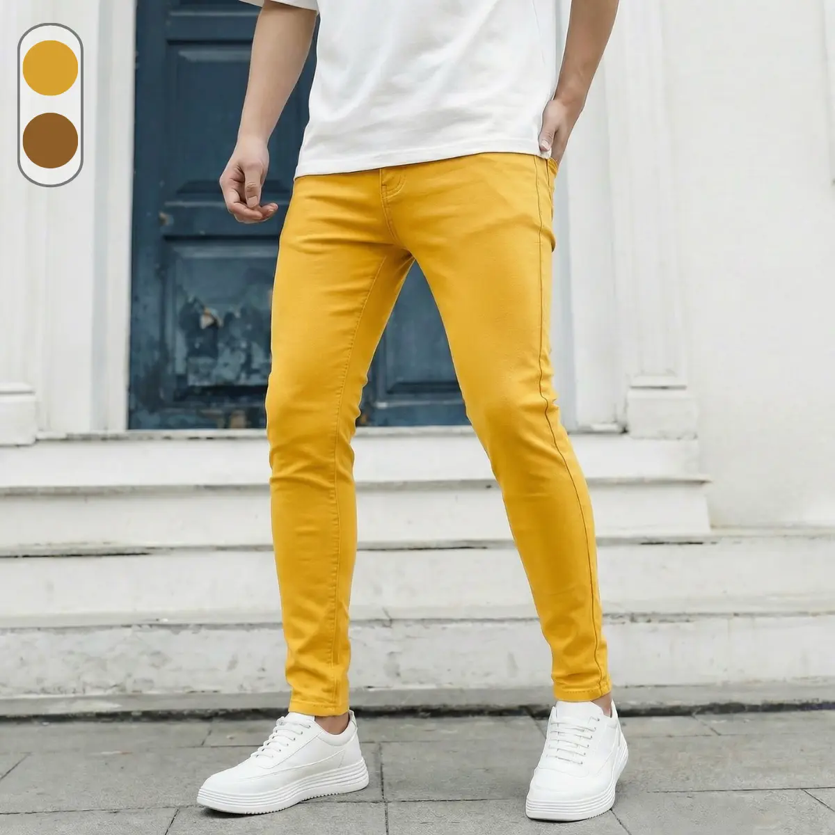 Men's Yellow Denim Full-Length Funky Slim-Fit Tapered Straight Streetwear Jeans - Non-Customized Casual Daily Street Style Men's Bottoms, Denim Men's Jeans