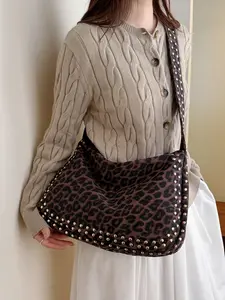 Women's Leopard Print Shoulder Bag with Stud Accents, Ideal for Daily Use & Casual, Durable Design for Everyday Essentials, Handbag Shoulder Bag