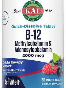 KAL B-12 Methylcobalamin & Adenosylcobalamin 2000 mcg 60 Quick-Dissolve Micro Tablets