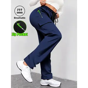 Women's Breathable Zipper Pocket Cargo Pants – Drawstring Loose Straight-Leg Sport Pants for Daily Wear, Workout, Running & Outdoor – Lightweight Casual Trousers