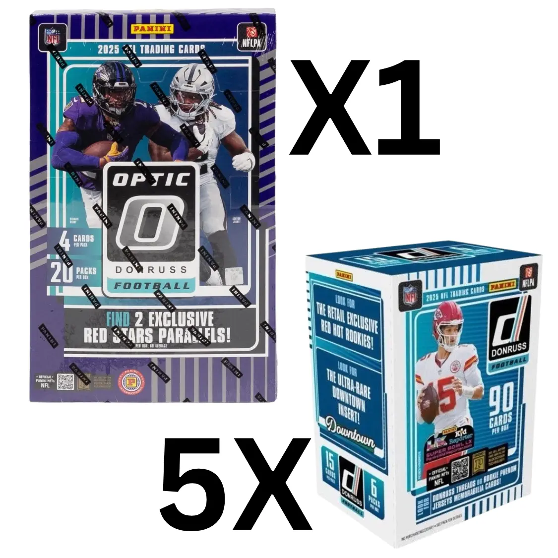 1363 NFL FOOTBALL: 2025 OPTIC FOOTBALL INT HOBBY BOX + 2025 TOPPS CHROME FOOTBALL BLASTER BOXES (5) - CHASE DOWNTOWNS / AUTOGRAPHS / RELICS / NUMBERS / RED WHITE BLUE REFRACTORS / RED STAR PARALLELES!