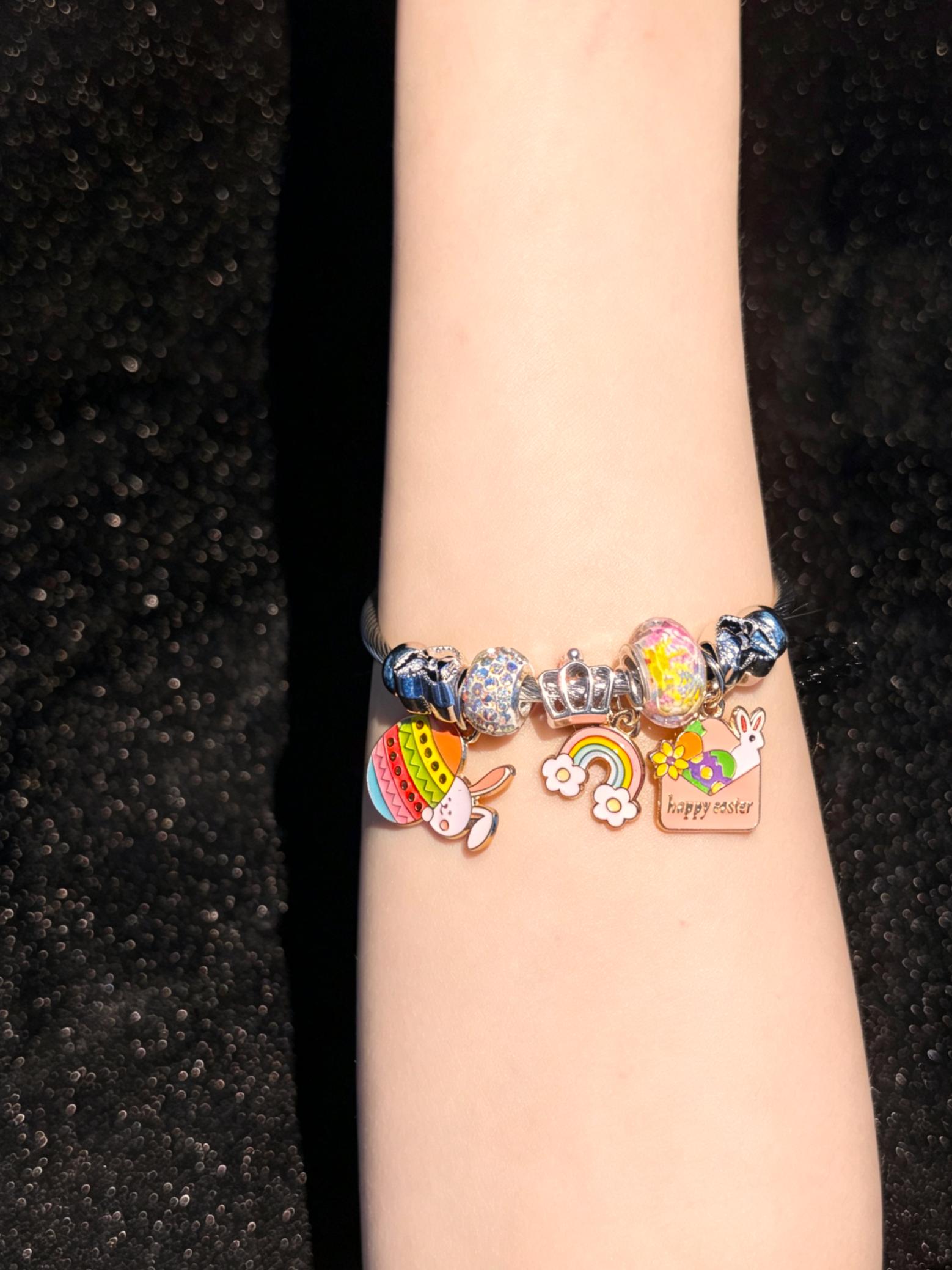 Open Wire Bangle Bracelet, Cute Bunny Egg Rainbow Enamel Dangle Charms, Colorful Statement Holiday Jewelry Gift for Women