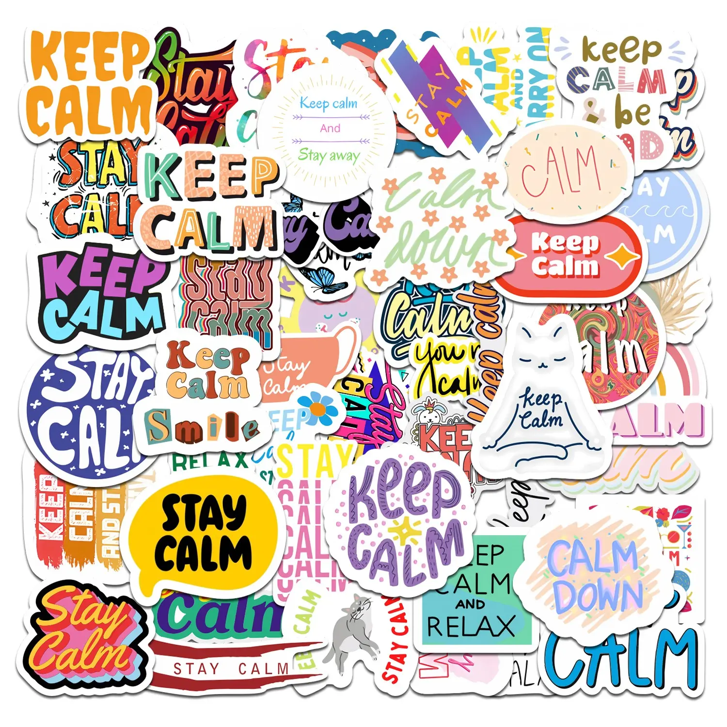 50pcs Stay Calm Keep Calm Stickers Pack, Waterproof Mental Health & Stress Relief Decals for Laptop, Water Bottle, Journal & Scrapbook, Anxiety Relief Gift