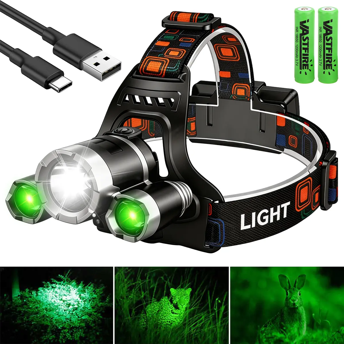 Rechargeable Green LED Headlamp for Hunters/Fishers, IPX4 Waterproof Aluminum Body with Adjustable Elastic Headband, 4-Mode Super Bright Light & Red Night Signal Aid, 2x 18650 Batteries Included, Rechargeable Light, Headlamps, Adjustable Angle, Included B