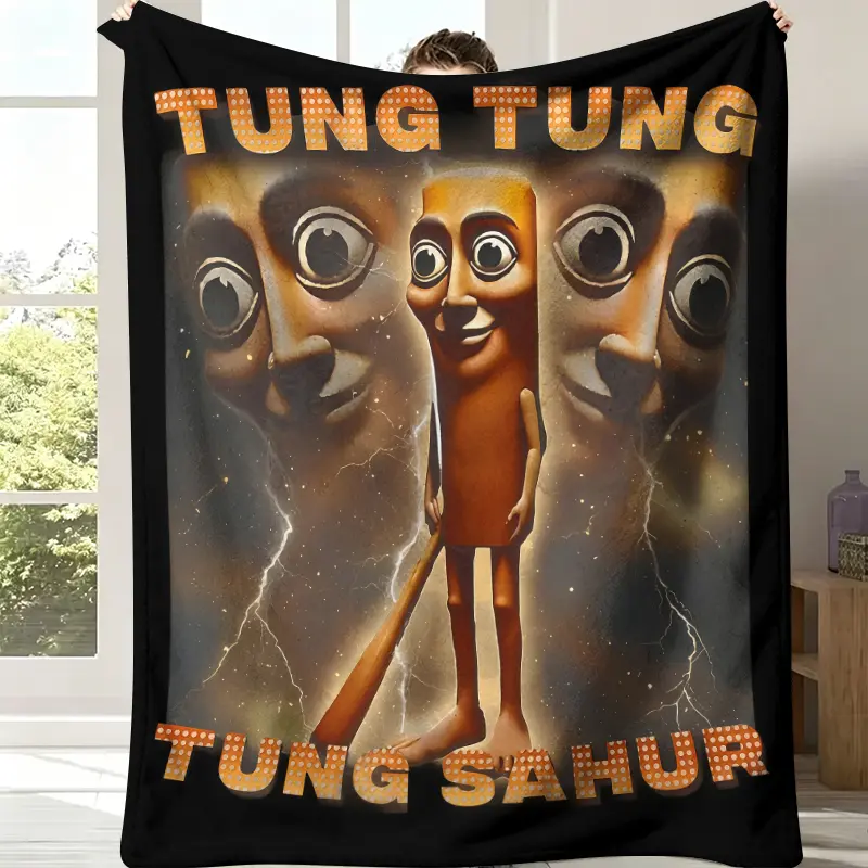 Viral Tung Sahur Meme Flannel Blanket - Flannel Fabric Statement Blanket, Solid Black Background, Cartoon Character, Lightning Dot Orange Text, Soft Fleece, Stain Resistant Printed Art, Indonesian Ramadan Bedroom Decor, Muslim Gift, Artistic Blankets, Car