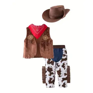Boys' Western Cowboy Costume Set (Includes Vest, Pants, Scarf, Hat), Suitable for Activities