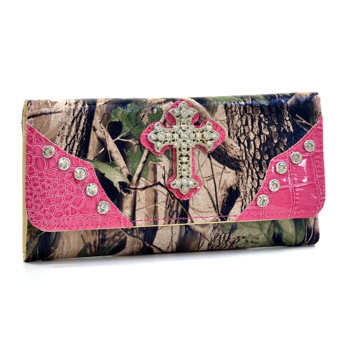 212 MAIN Men's Western Camouflage Trifold Leather Wallet - Rhinestone Cross, Credit Card Holder, Stylish Design, Floral Liner, Pink & Camouflage, 7.5x4.5 in (Model W105-PK-CAM), Trifold Wallet, Credit Card Wallet