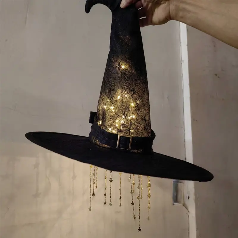 Lighted LED Witch Hat with Stars & Tassels – Hanging Hollow Glowing Decoration, Curved Brim, Vintage Halloween
