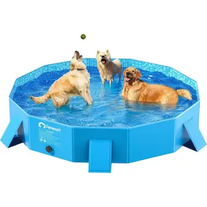 Foldable Dog Kiddie Pool with Stable Side Support, Hard Plastic Shell Portable Dog Pool, Collapsible Swimming Pools for Pet and Kids, 64 in
