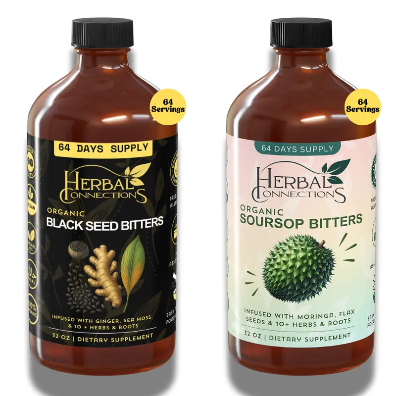 Organic Black Seed & Soursop Bitters Bundle - 32 oz Each (64-Day Supply) - Vegan Organic Herbal Detox Tonic for Digestive Health & Immune Support - Sugar Free - (2 x 32 ounces Bottles) Natural Healthcare Supplement