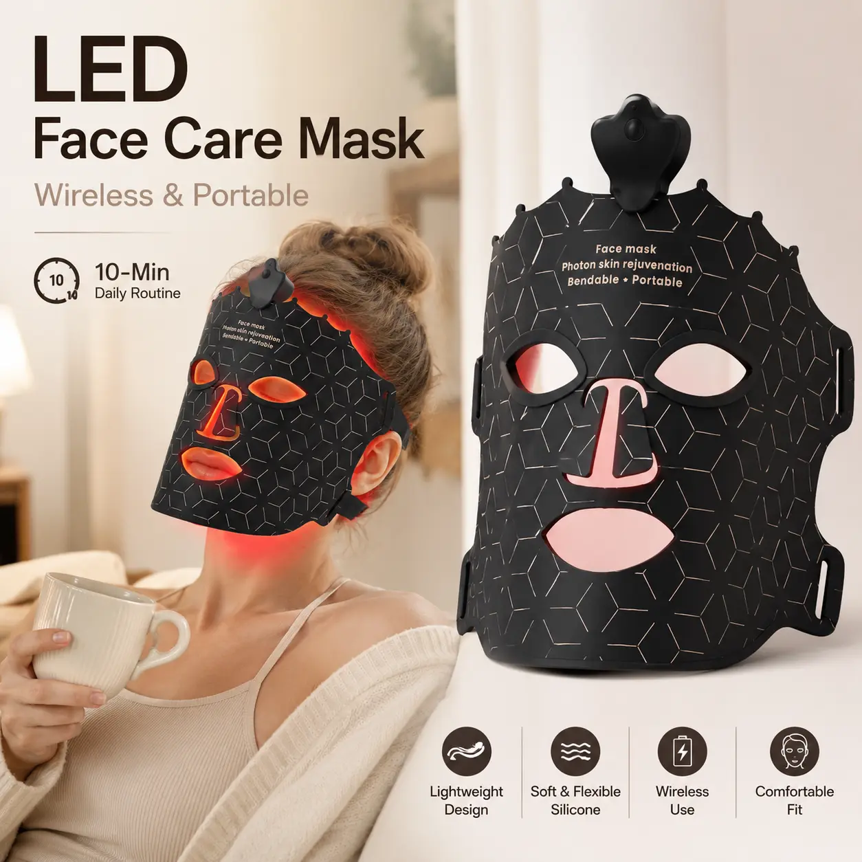Women's Cordless 7-Color LED Red Light Face Mask, Female Anti-Aging Skincare Device for Skin Rejuvenation, Wrinkle Repair