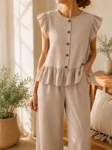 Women's Summer Linen Two-Piece Set, Floral Sleeve Blouse & Wide Leg Pants, Casual Home Wear, Elegant Office, Multiple Colors Available