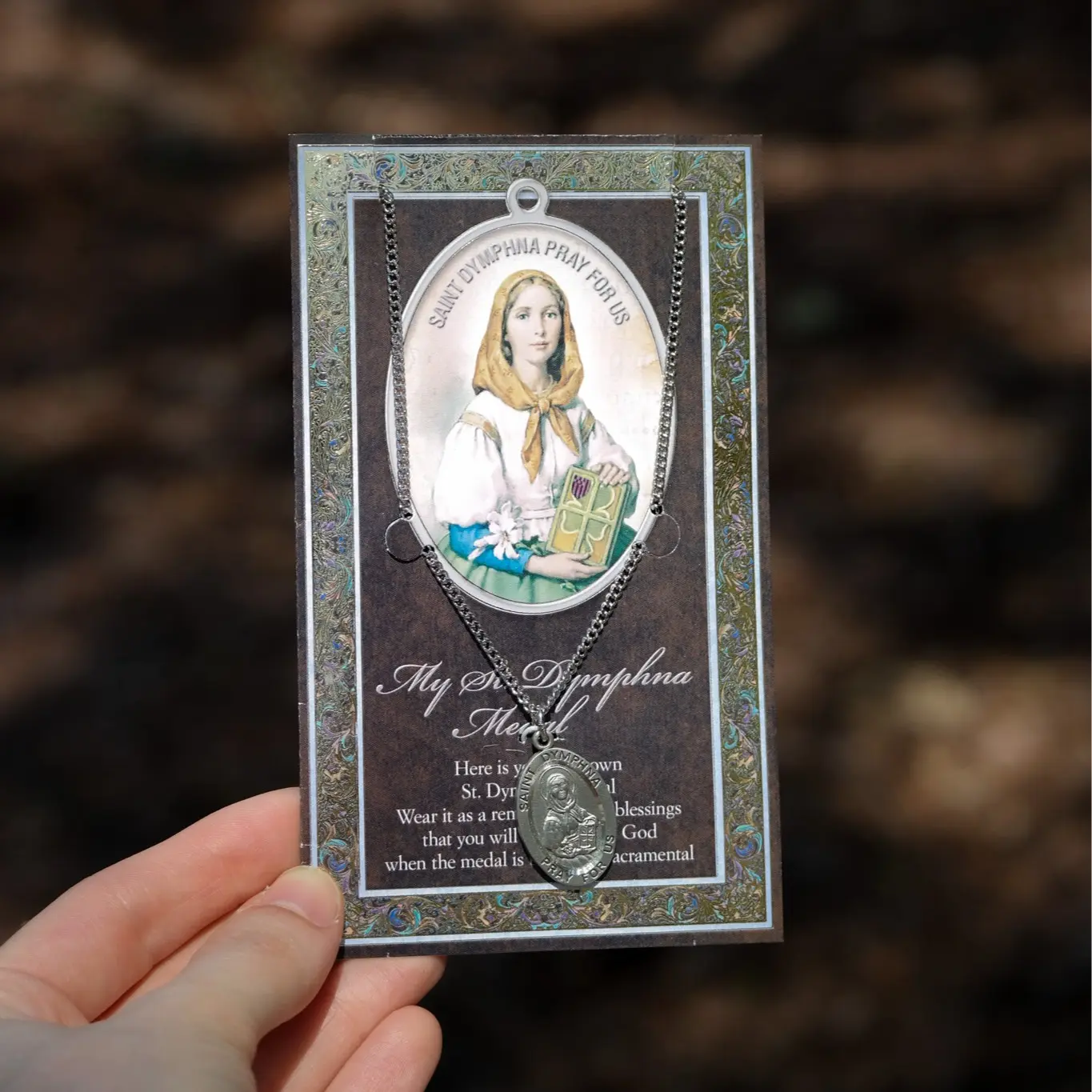 St. Dymphna Pewter Medal Necklace with Prayer Pamphlet