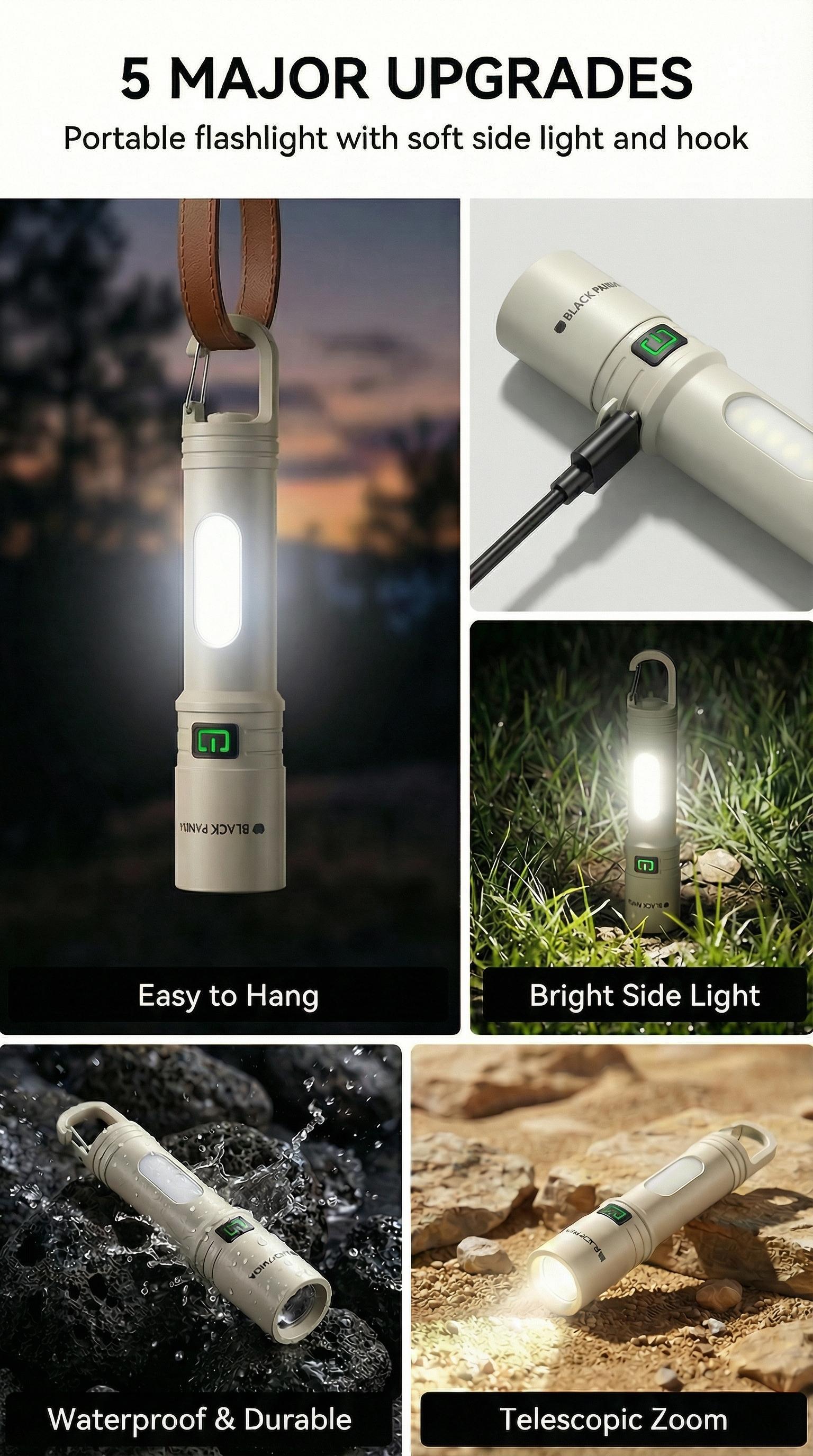 Black Panda Portable Flashlight with Hook Built-in Tail Hanger COB Side Light  Max 500 Lumens TYPE-C Quick Charge Perfect Companion for Hiking and Camping