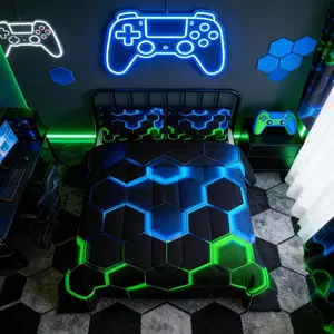 Honeycomb Bedding Comforter Set,Hexagon Theme Green Blue Neon Lights Quilt Set,Boys Teen Man Chic Creative Home Bedding Set