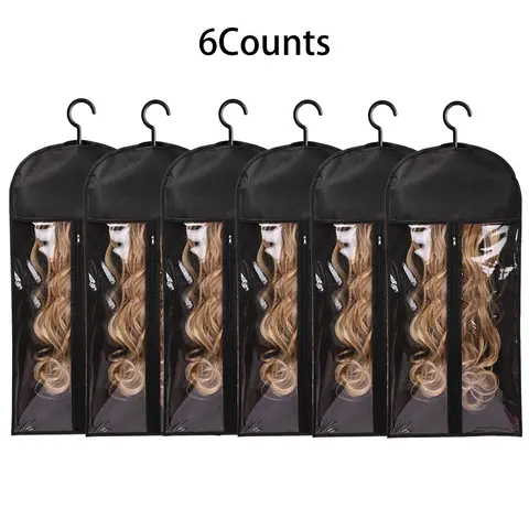 6PCS Transparent Dustproof Wig Storage Bags with Hook & Zipper - Non-Woven Fabric, Breathable, Ergonomic Design Dustproof Design Covers, Hair Extension Organizer Hanger for Salon & Home Use Wig Accessories