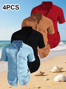 4pcs Men's Summer Short Sleeve Shirts, Plain No Print Design, Lightweight Breathable Stand Collar Button Shirt, Ideal for Beach Poolwear