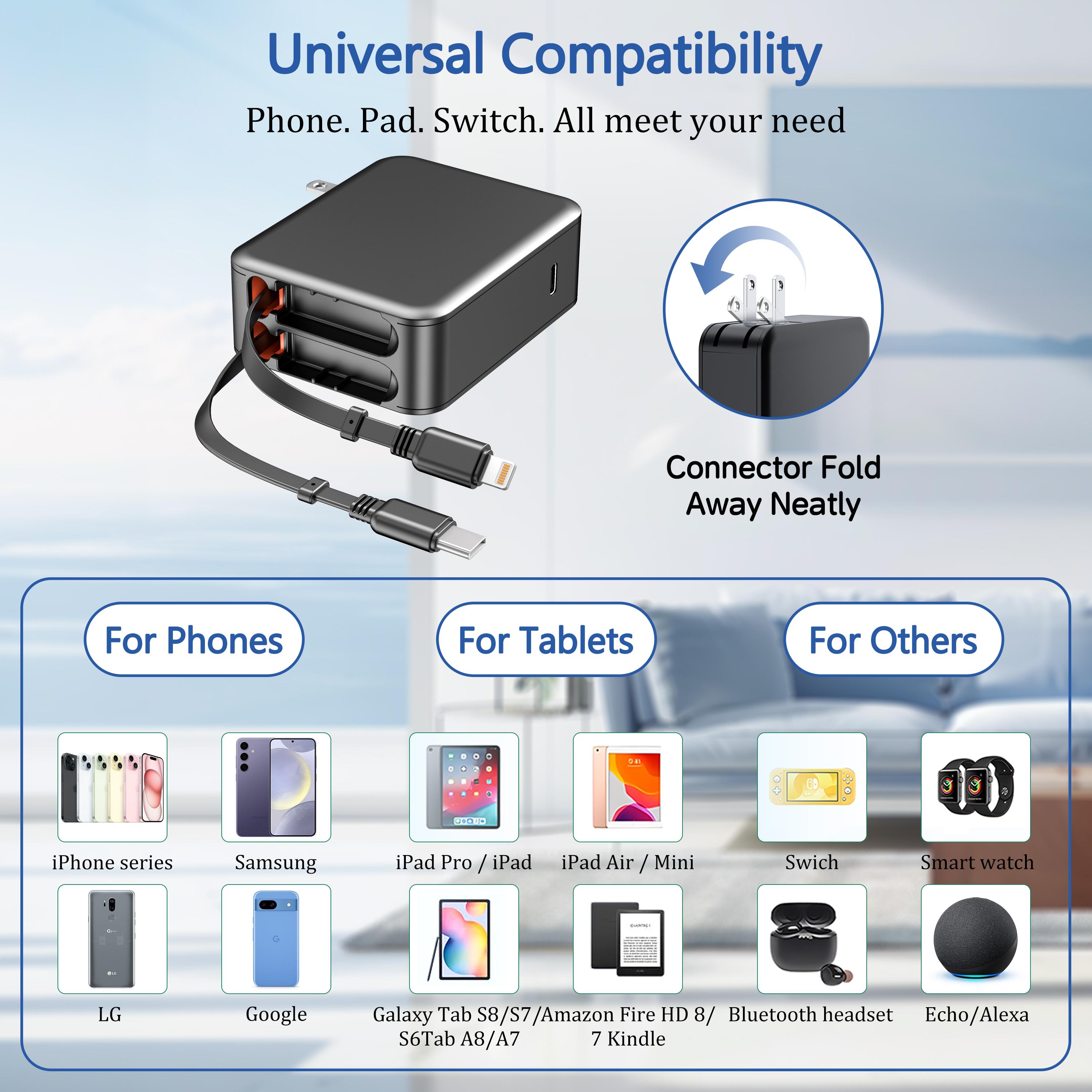 35W Retractable Wall Charger with Dual Cables & 3-Port USB Hub, Fast Charging for iPhone 16/15/14/13/12/11, iPad, Tablets, Samsung, LG & More