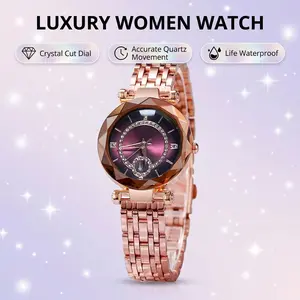 Luxurious Rose Gold Ladies' Quartz Watch — Featuring a Faceted Crystal Purple Dial and Water-Resistant Design. The Ideal Gift for Her Birthday or Anniversary.