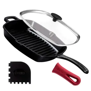 Cuisinel Cast Iron Square Grill Pan + Glass Lid + Pan Scraper + Handle Cover - 10.5" Pre-Seasoned Ridged Skillet - Optional Grill Press - Grill, Stovetop, Fire, Indoor/Outdoor Use - for Grilling, Frying, Sauteing - Non-Toxic, PFOA & PFAS Free Cookware