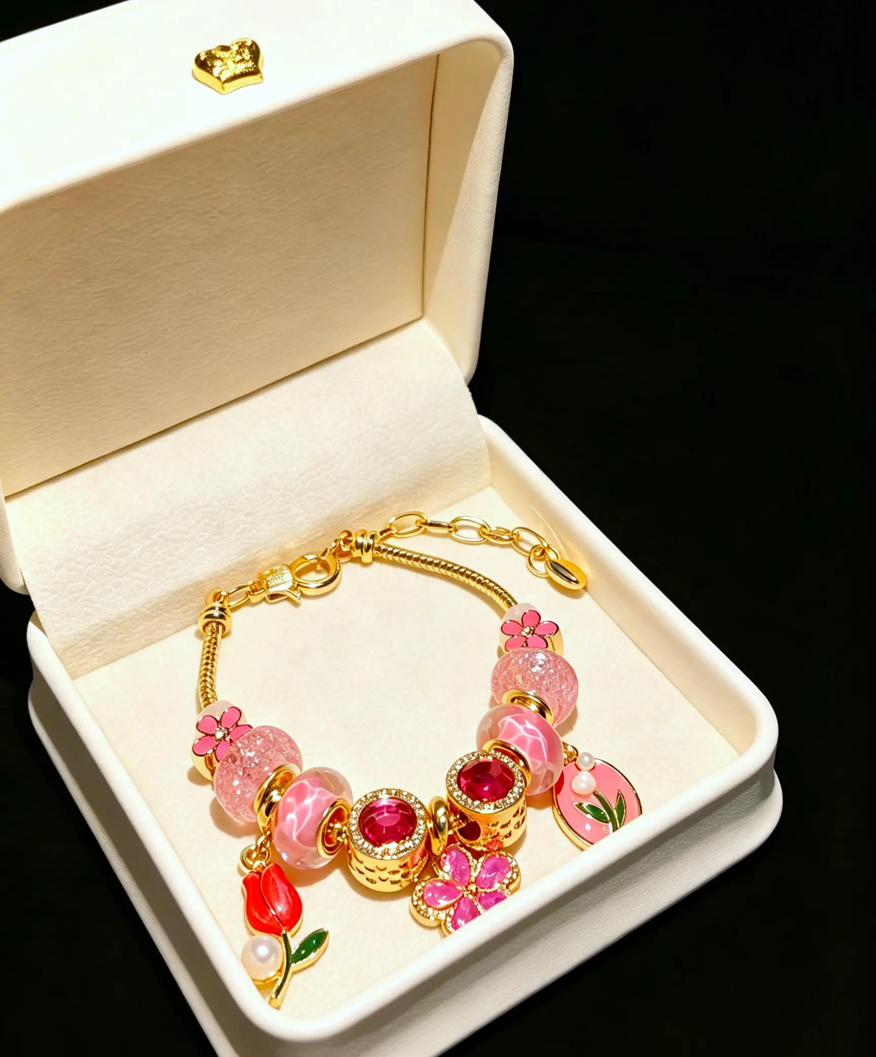 Women's Fuchsia Pink Floral Charm Beaded Bangle - Gold-Plated Chain, Tulip & Crystal Beads, 16.9" Length, Elegant Look Everyday Wear Fashion Jewelry Gift, Bangle Style