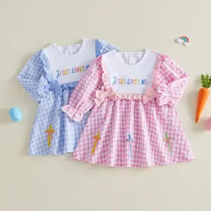 Babamoon Toddler Baby Girls Dress Puff Long Sleeve Jesus Loves Me Embroidery Bow Decror A Line Spring Plaid Dress 6M-4Y