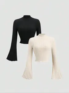 Women's Solid Color T-shirt, Elegant Fashion Casual Mock Neck Long Sleeve Top for Daily Outdoor Wear, Women Clothing for Fall & Winter