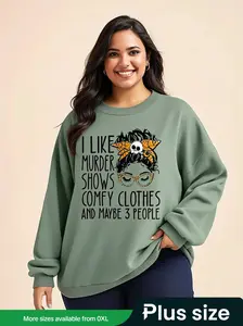 Plus Size Women's Casual Sports Knit Sweatshirt, Breathable Girls Letter Print Long Sleeve Round Neck Top, Hot Loose Fit Daily Wear