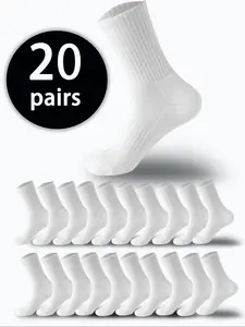 20 Pairs Men's Mid-Calf Socks, High Elasticity Soft Breathable Plain Socks, Unisex Daily Wear, Comfortable Neutral Socks, Fashion Premium Socks