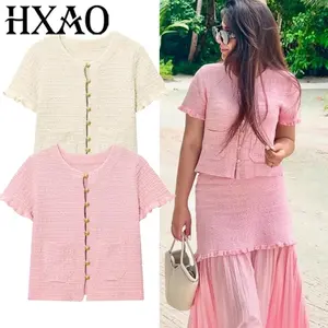 HXAO Knitted Cardigan Woman 2025 Ruffle Short Sleeve Crop Knit Cardigan Outerwears Elegant Beige Pink Cardigan Button Jacket