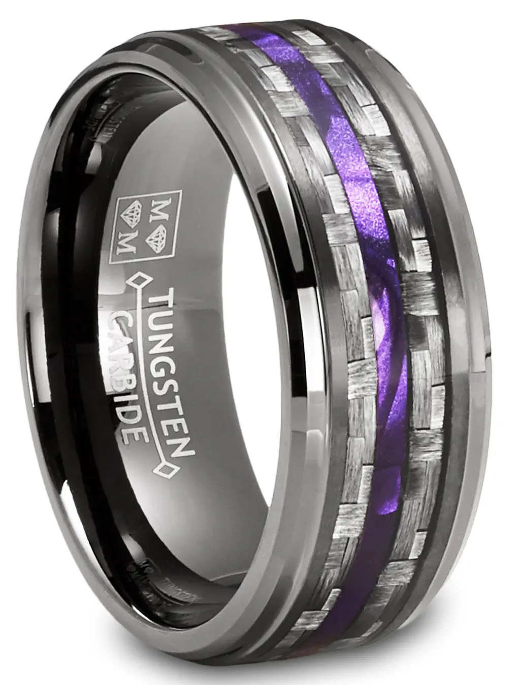 Mens Carbon Fiber Tungsten Carbide Ring Purple Wood Wedding Band Gunmetal 8MM