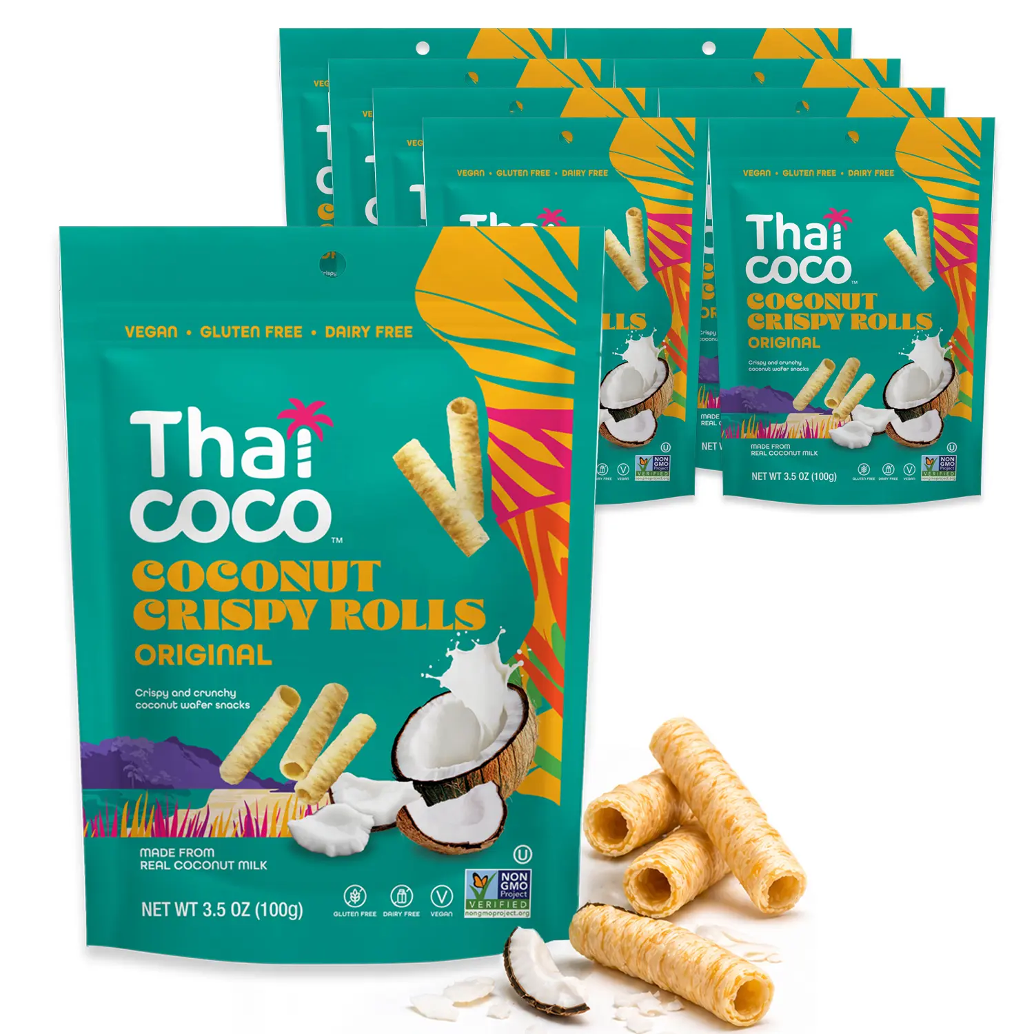 Thai Coco Original Crispy Coconut Rolls 8 Bag (3.5 oz) - Organic Tropical Snack, Vegan, Gluten-Free, Dairy-Free, Non-GMO, Light Fluffy Healthy Snack