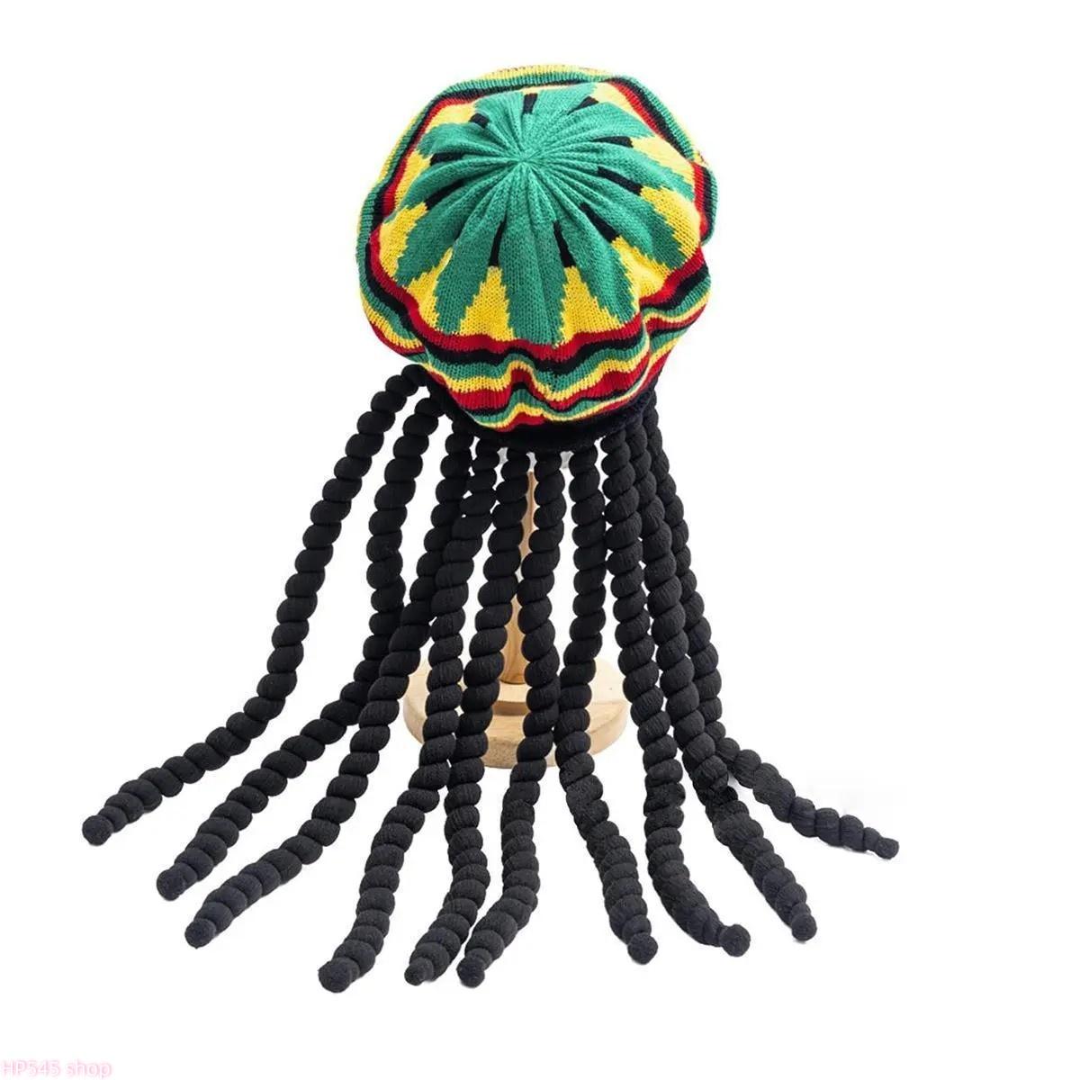 Reggae Style Jamaican Dreadlocks Knit Beret, Colorful Rainbow Braided Wool Wig Hat, Boho Festival Costume Accessory, Unisex Knitted Headwear For Men Women Halloween Party And Music Festival Outfits