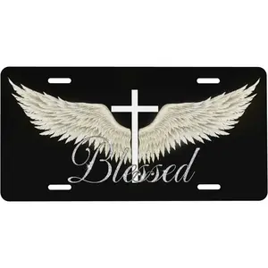 Wing Cross Blessed Front License Plate 6x12 – Christian Aluminum Vanity Tag for Car Truck SUV – Religious Gift with 4 Holes