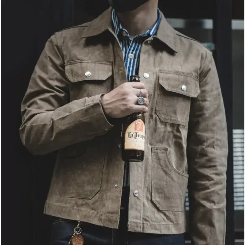Men's American Retro Waxed Cotton Heavy Biker Jacket - Khaki, Multi-Pocket, Long Sleeve, High-Quality Casual Menswear Coats for Spring & Autumn, Multi Pockets
