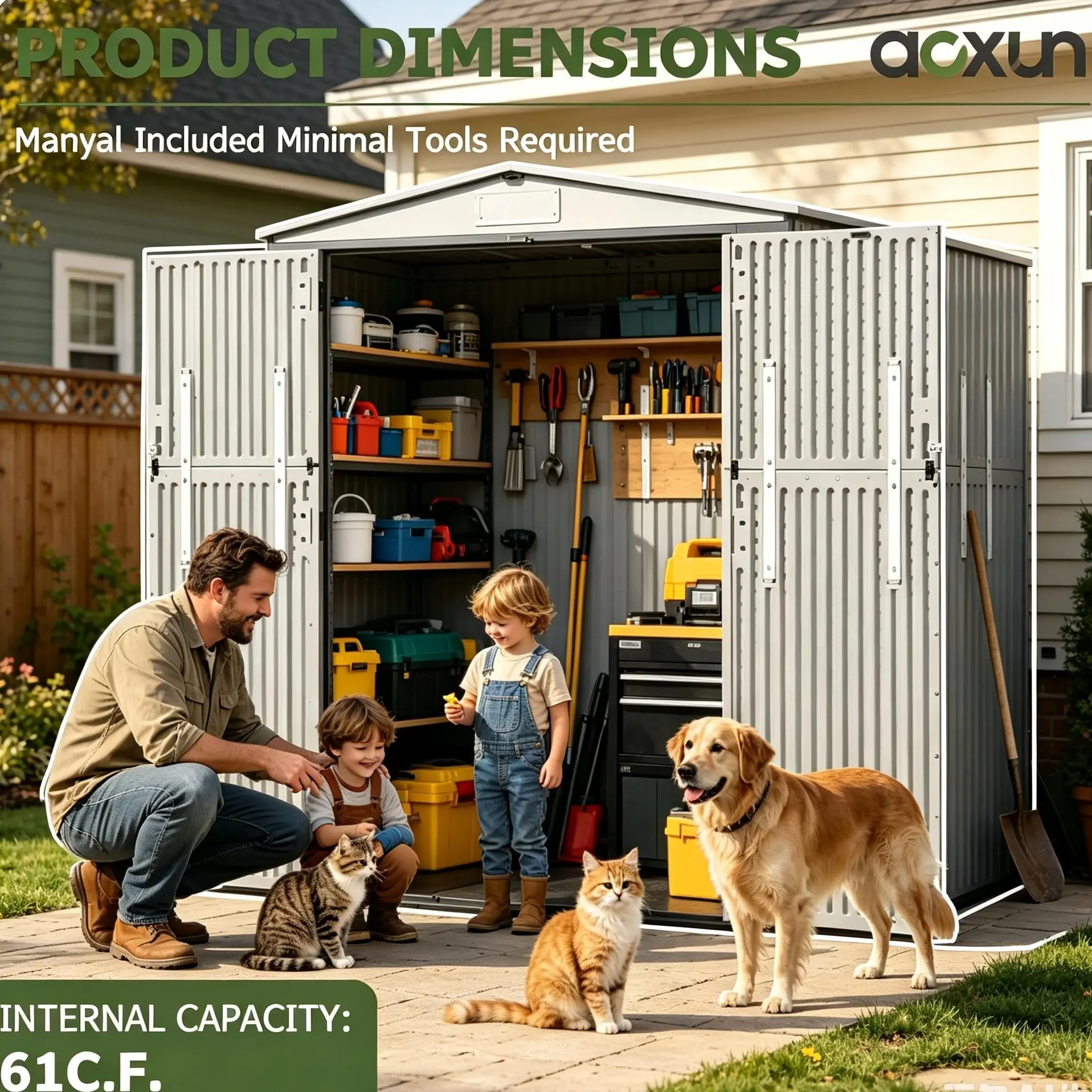 Gray Rectangular Waterproof Vertical Resin Outdoor Storage Shed with Floor, Large Organizer Stand, Sturdy Wide Patio Cabinet for Garden Tools & Pool Equipment, Quick Easy Assembly Required