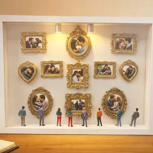 DIY Museum Photo Frame,DIY Shadow Box (12.5*8.6*1.58inch）with 11*Mini Frames & 8* Figures,Mini LED lights - The Ultimate Personalized Gift for Parents, Friends(Photo Size 1.3*1.5inch)
