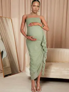 MISHELLA Maternity Summer Outfits Maternity Solid Color Spaghetti Strap Ruffle Hem Dress Photography Perfect For Vacation Baby Shower Party