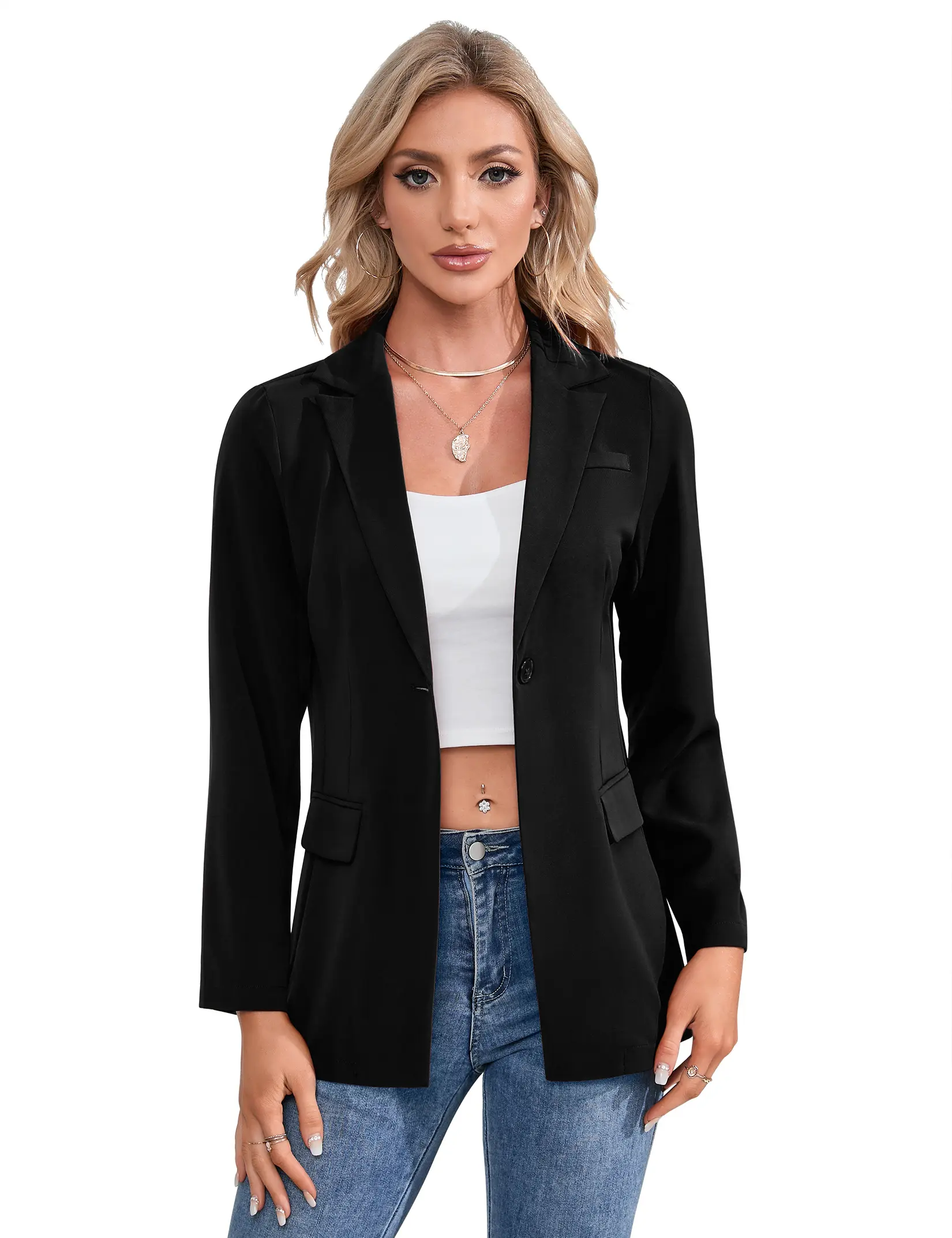 YESFASHION Women's 1-Button Notch Lapel Blazer, Lightweight Solid Color Long Sleeve Suit Jacket for Office Workwear, Sizes S-2XL, Colors Black, Khaki, Light Pink, Beige, Gray, Wine Red, Navy Blue, Apricot XYZ