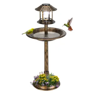 Rebuyhome Outdoor Bird Bath, Garden Bird Baths Decorations with Solar-Powered Lamp and Resin Pedestal Flower Planter Base Bird Feeder for Yard Patio
