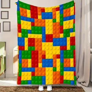 1 Colorful Lego Block Flannel Blanket 2D Flat Print Fun Home Essential Bedroom Couch Blanket Stylish Functional Cozy Kids-Themed