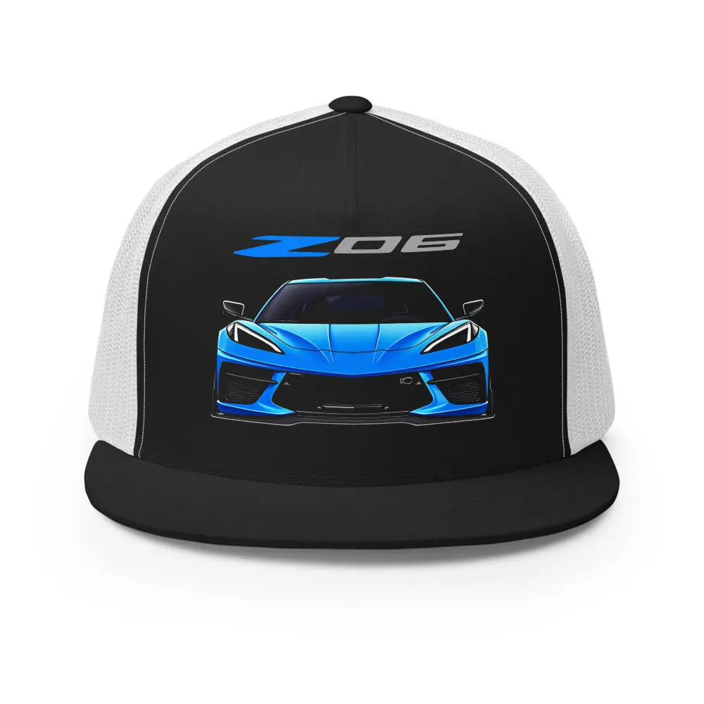 C8 Corvette Z06 Trucker Hat – 5 Panel Mesh back Cap with Blue Front Graphic Car Enthusiast Gift
