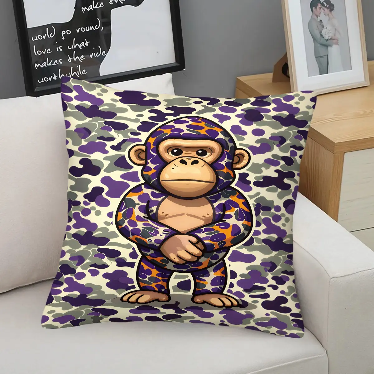 Iconic Camo Monkey Throw Pillow,Cartoon Print Decorative Cushion,Bold Cartoon Character Accent Pillow,Eye-Catching Camouflage Print for Sofa,Couch,Bedroom,Dorm Room,Ideal for Trendy Home Decor & Urban Aesthetic