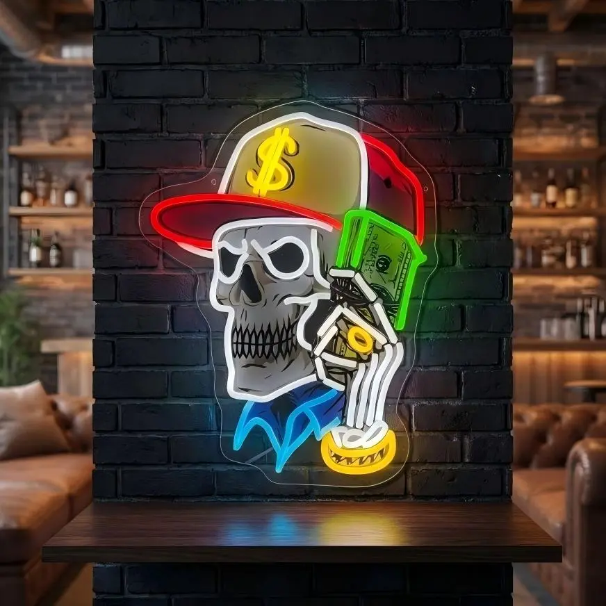 Skull Dollar Cap Cash LED Neon Sign, USB Dimmable Multicolor Hip-Hop Wall Decor for Man Cave, Home Bar Lighting Accessories
