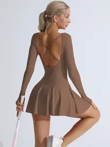 Women's Seamless Knit Sporty Skirt, Cross Back Design, Long Sleeve Square Neck Tennis Skirt, Indoor Outdoor Sports Yoga Wear, Tennis Athletic Dress