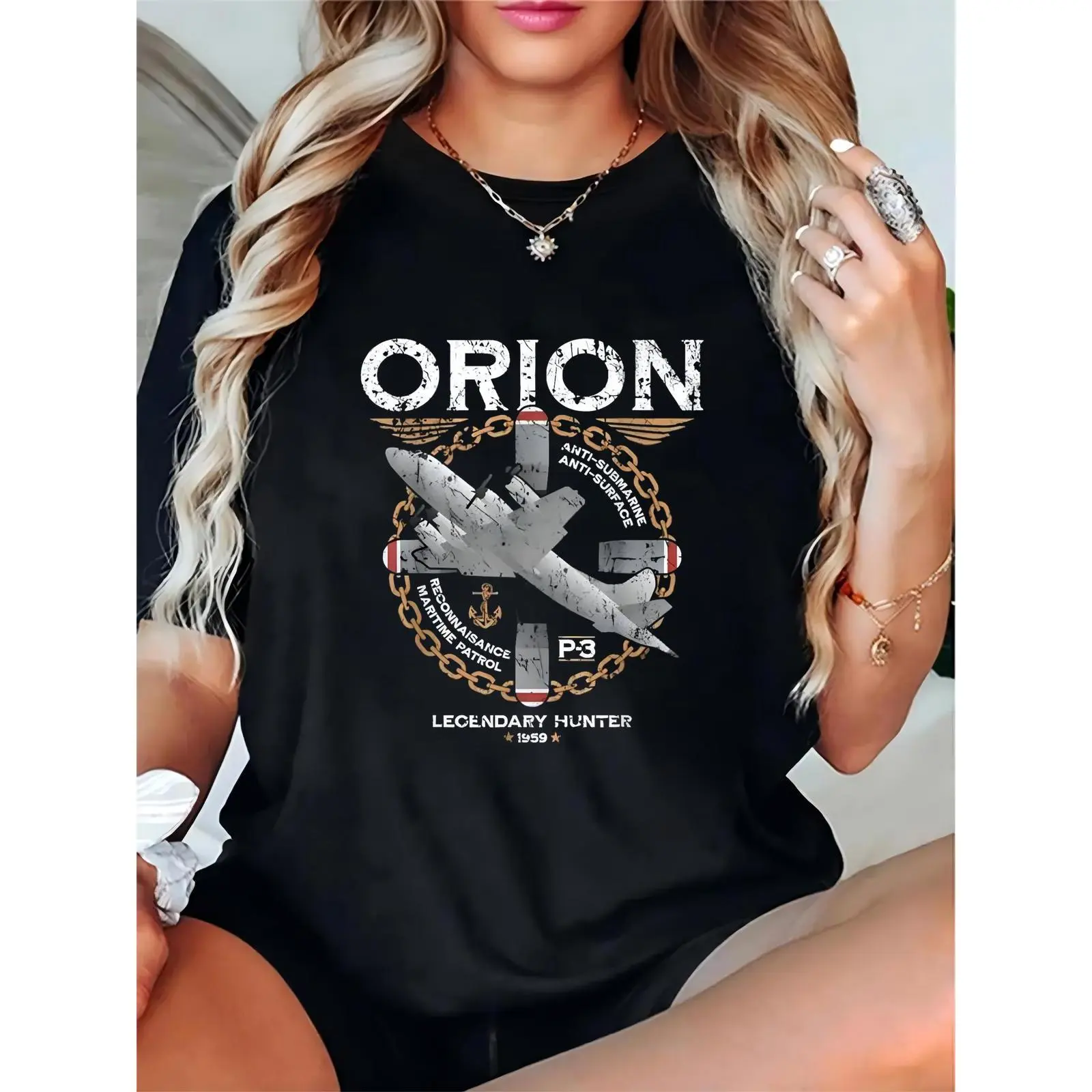 Women's Vintage Graphic T-Shirt with Orion P3 'Legendary Hunter' Print, 100% Cotton Lightweight Relaxed Fit Crew Neck Tee for Aviation Enthusiasts, Round Neck, Top, Comfortable, Shortsleeve