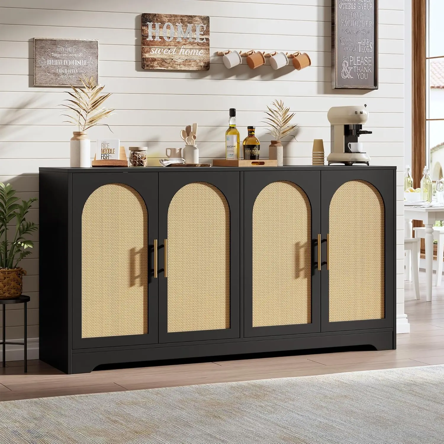 59-Inch Durable Boho Rattan Sideboard Buffet Cabinet with 4 Rattan Doors, Anti-Tip Design, Assembly Required for Dining Area, Entryway, 59 Inches